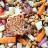 vegan sheet pan dinner recipe with chickpeas and root vegetables garlic