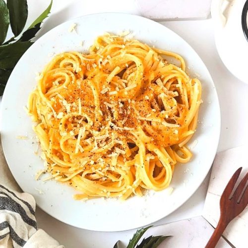 spaghetti with butternut squash sauce onion garlic olive oil miso paste nutritional yeast salt and mustard powder